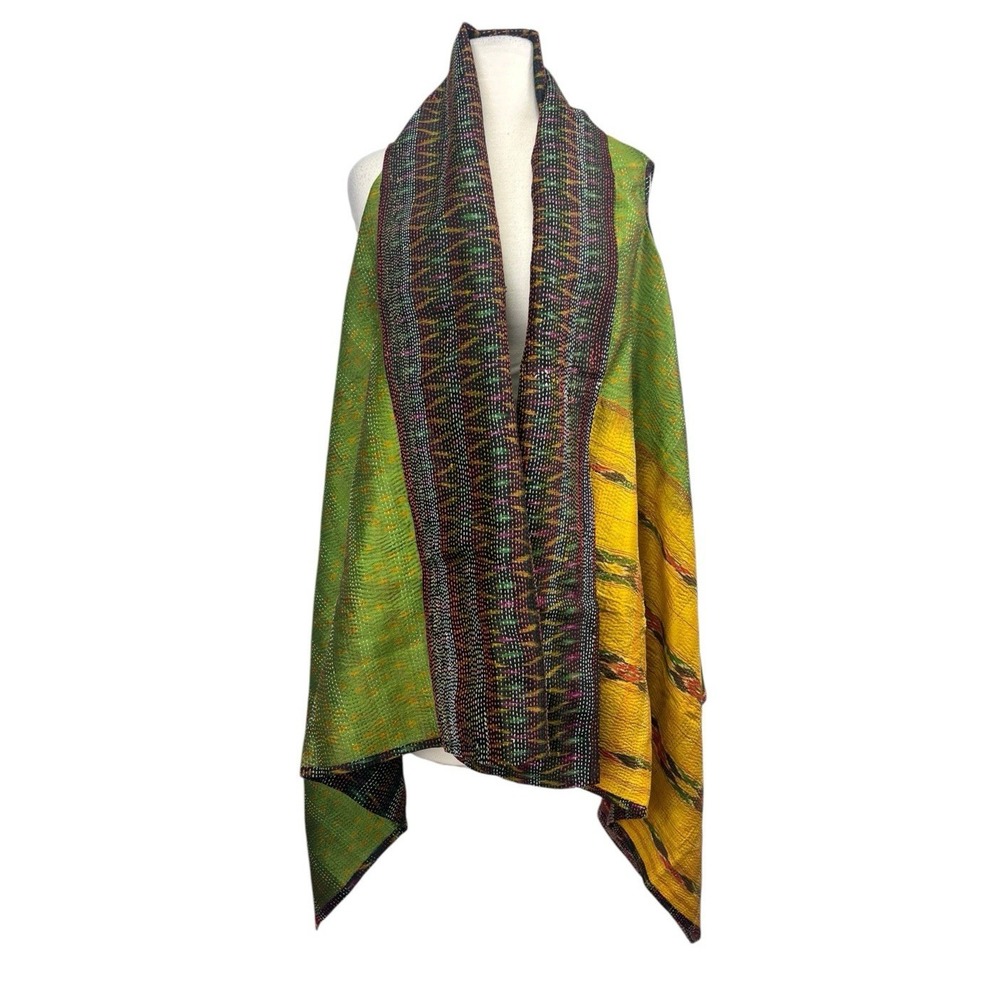 House of Wandering Silk Reversible Kantha Vest Cardigan Green Yellow Black Boho